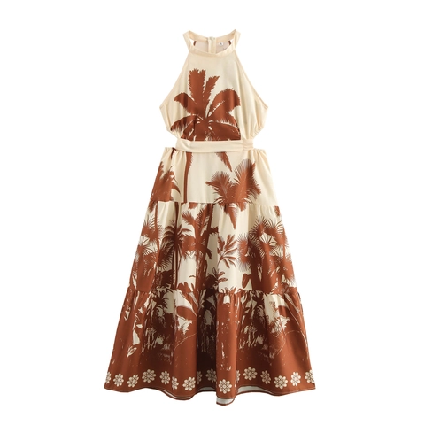 Halterneck Maxi Dress Palm Tree Print Cut Out Waist Bohemian Summer Vacation Backless Lace Up Elegant Long Sun Dress