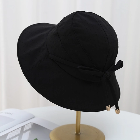 Women Sun Bucket Hat Wide Brim UV Protection Foldable Bowknot Ribbon Metal Tips Jacquard Fabric Elegant Summer Beach
