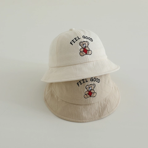 Kids Bucket Hat Cotton Linen Bear Heart Embroidery Feel Good Letter Toddler Baby Sun Basin Hat Korean Style