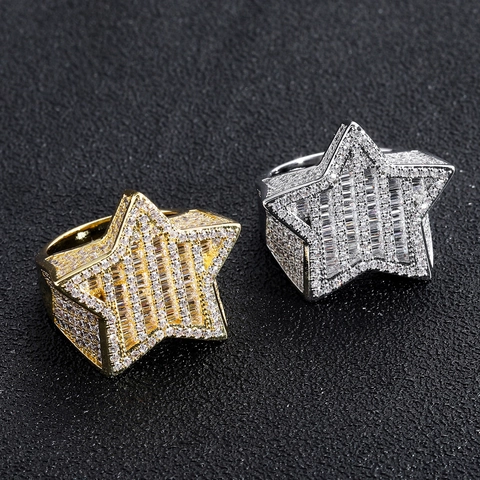 Hip Hop Stern Ring Kupfer Mikropave Zirkonia Iced Out Herren Schmuck Trendy