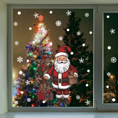 Pegatinas Ventana Navidad Papá Noel Reno Copo De Nieve PVC Estáticas Calcomanías Para Puerta De Vidrio Decoración Hogar