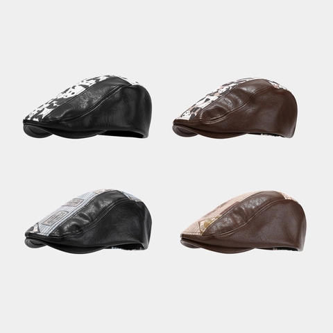 Vintage Ivy Cap PU Leather And Cotton Patchwork Flat Hat For Men Women Panda Print Retro Newsboy Beret Designer Style