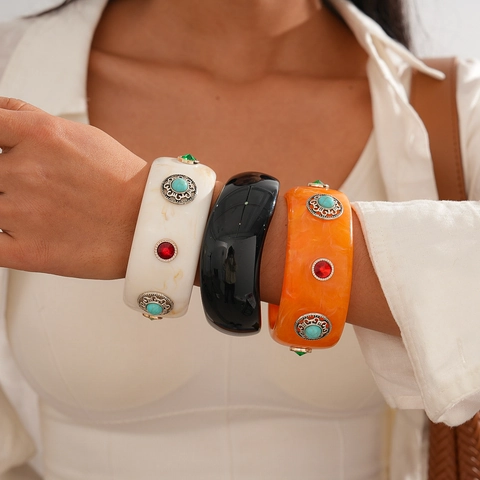 Bohemian Vintage Breit Armreif Acryl Harz Legierung Straß Türkis Ethnisch Geometrischer Schmuck Damen