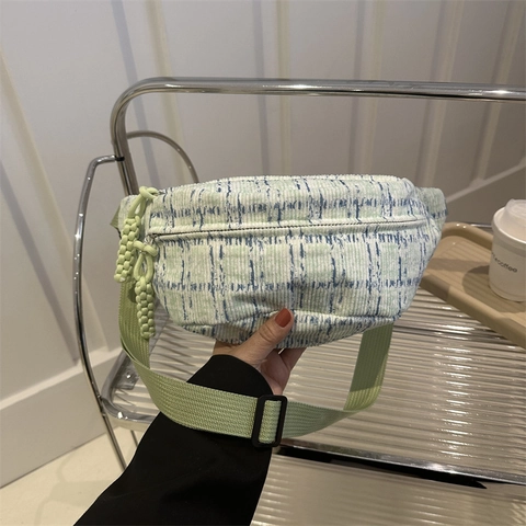 Sac Banane Plaid Femmes Velours Côtelé Tweed Sac Poitrine Bandoulière Sangle Réglable À La Mode Versatile