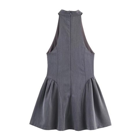 Halter Neck Mini Dress Sleeveless Polyester High Collar Pleated Hem Elegant Solid Color Fashion Women