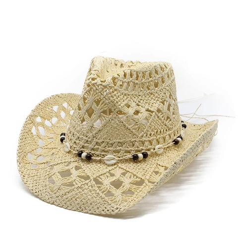 Western Straw Cowboy Hat Hollow Out Wide Brim Sun Hat With Shell Wood Beads Bohemian Style Summer Beach Travel