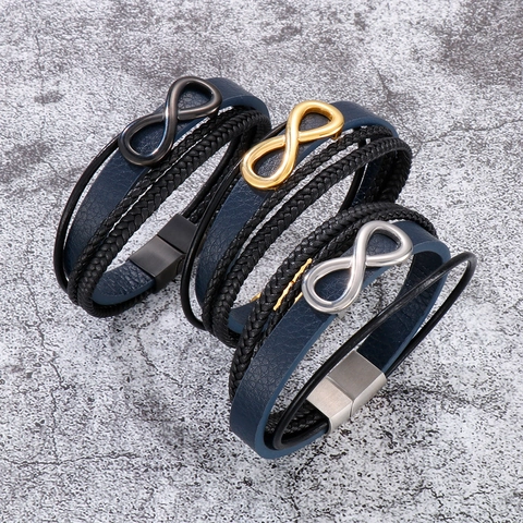 Bracciale In Pelle Intrecciata Multistrato Da Uomo Simbolo Infinito In Acciaio Inossidabile Chiusura Magnetica Gioielli Retro Punk