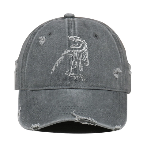 Vintage Distressed Washed Cotton Baseball Cap With Dinosaur Skeleton Embroidery Ripped Streetwear Dad Hat For Men Women