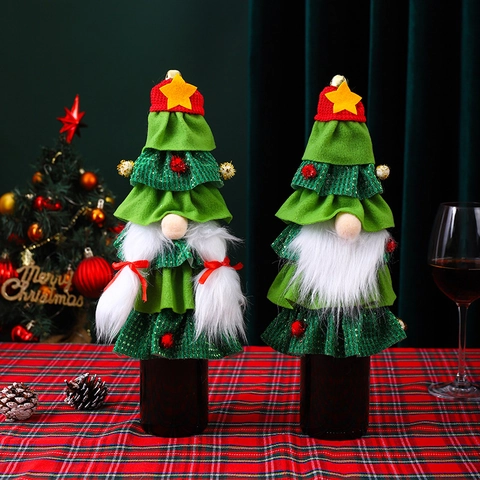 Christmas Wine Bottle Cover Gnome Christmas Tree Design Knit Cloth Faux Fur Decorative Party Table Decor