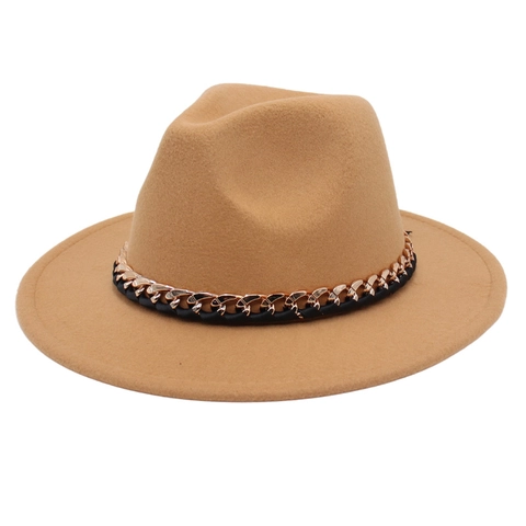 Fedora Hat For Women And Men Solid Color Woolen Felt Wide Brim With Gold Metal Chain And Leather Band Retro Jazz Cap
