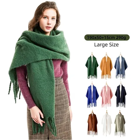 Winter Scarf Thick Solid Color Tassel Shawl Warm Polyester Long Pashmina Wrap For Women Men
