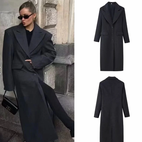 Women Long Woolen Coat Elegant Lapel Button Down Overcoat Casual Solid Color Outerwear With Pockets