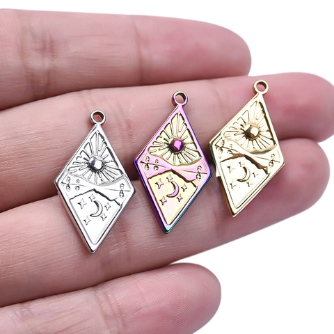 Vintage Rhombus Pendant Necklace 304 Stainless Steel Sun Moon Star Mountain Engraved Celestial Jewelry For Women