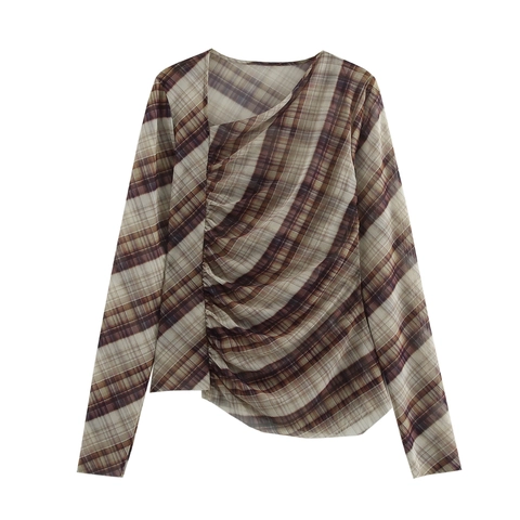 Damen Karo Netzoberteil Langarm Geraffte Asymmetrische Schräge Hals Retro Vintage Stil