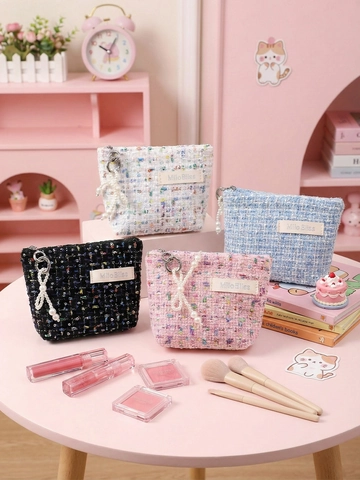 Tweed Makeup Bag Cosmetic Pouch Elegant Portable Mini Coin Purse With Artificial Pearl Charm Zipper Closure For Women Girls