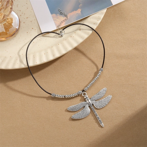 Alloy Libelle Runder Anhänger Halskette Kunstlederband Vintage Boho Strukturierter Schmuck Damen Herren
