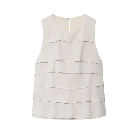 Damen Ärmelloses Tank Top Polyester Mehrlagige Rüschen Rundhals Schlüssellochrücken Einfarbig Lässige Elegante Bluse