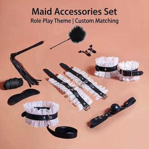 Lace PU Leather BDSM Bondage Handcuffs Ankle Cuffs Collar Whip Eye Mask Ball Gag For Adult Roleplay Sexy Toy