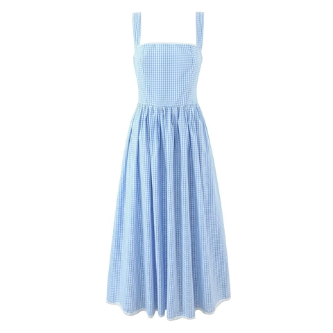 Midi Dress Cotton Gingham Check Polka Dot Square Neck Back Lace-up Retro French Style Summer Vacation Sleeveless A-line