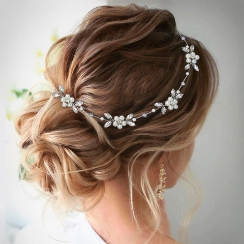 Bridal Hair Vine Artificial Pearl Crystal Rhinestone Handmade Headband Wedding Hair Accessories For Women Soft Chain