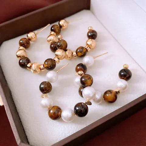 Vintage Tiger Eye Beaded Hoop Earrings With 925 Sterling Silver Earring Post Elegant C Shaped Retro Jewelry For Women