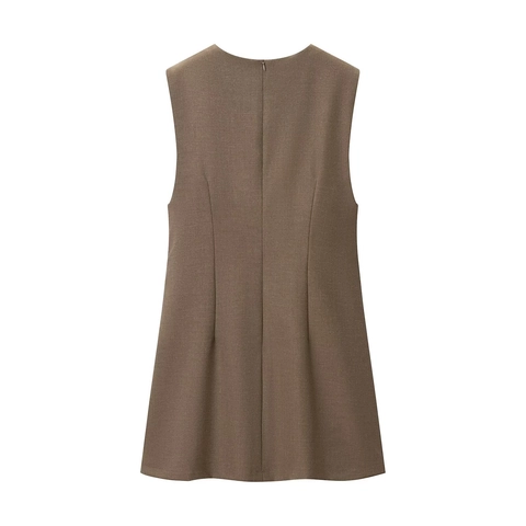 Women Sleeveless Deep V Neck Mini Dress Woven Polyester Blend Back Zipper A-Line Solid Camel Elegant Party Short Dress