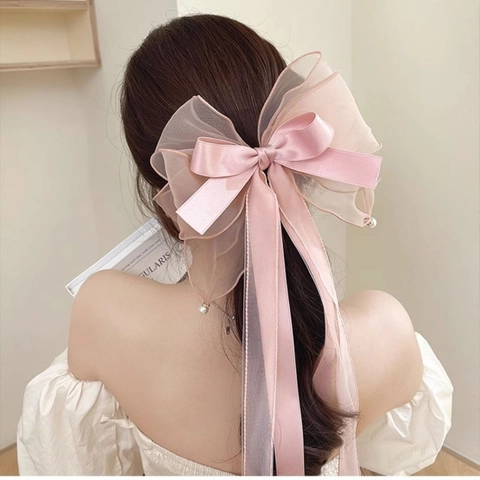 Barrette À Cheveux Noeud Surdimensionné Organza Satin Tissu Longs Rubans Élégant Style Coréen Automatique Femmes