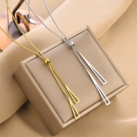 Minimalist Stainless Steel Necklace With Adjustable Sliding Bead Y Shaped Geometric Triangle Pendants Box Chain Jewelry