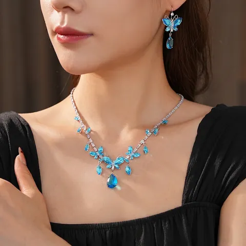 Luxus Schmetterling Wassertropfen Zirkonia Halskette Ohrring Haken Schmuckset Kupfer Elegante Accessoires Für Damen
