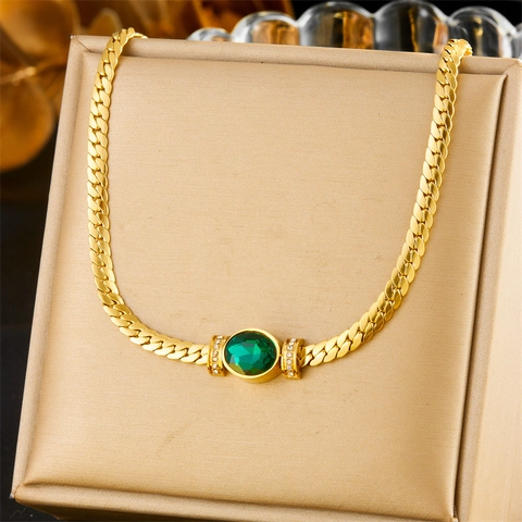 Vintage Luxury Stainless Steel Emerald Zirconia Necklace And Bracelet Jewelry Collection Flat Snake Chain Oval Green Gemstone For Women