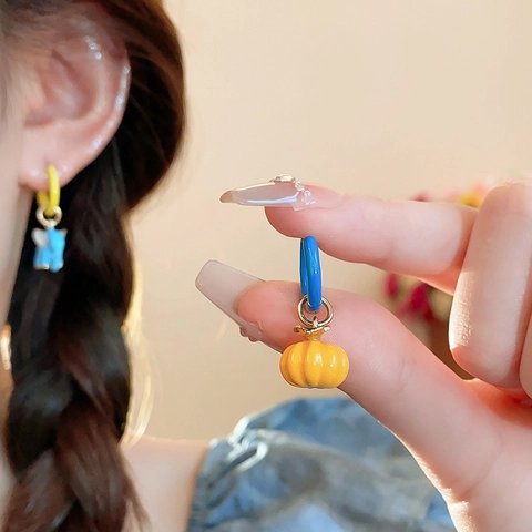 Elephant And Pumpkin Asymmetric Hoop Earrings Copper Enamel Jewelry With 925 Sterling Silver Earring Post For Women