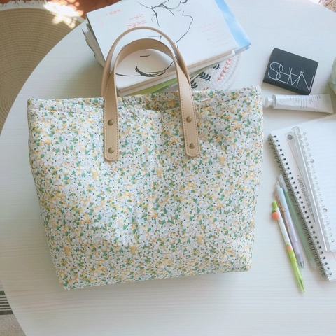 Bloemen Canvas Tote Handtas Met Leren Handvatten Fris Zoet Klinknagel Verdikt Katoen Dagelijks Casual Voor Vrouwen Studenten