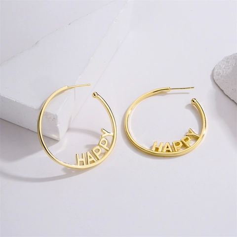 Happy Letter Hoop Oorbellen Verguld Koper Met 925 Sterling Zilveren Oorknopjes Mode Sieraden Dames