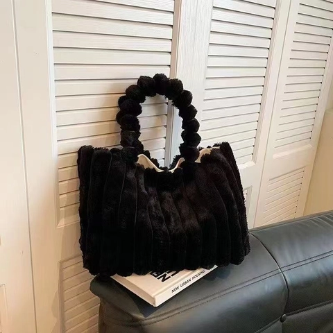 Bolso Tote De Peluche Para Mujer Bolso De Mano De Piel Sintética Rayas Verticales Con Asa De Pompones Moda Invierno
