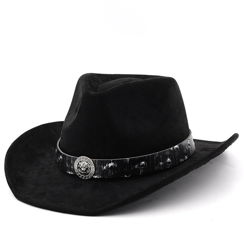 Western Cowboy Hat Retro Faux Suede Wide Brim Lion Head Buckle Rivets Jazz Fedora Sun Protection Men Women