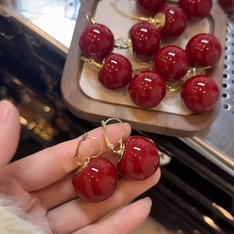 Retro Red Resin Sphere Leverback Earrings With Steel Earring Post Glossy Round Jewelry For Women Festive Office Accessory