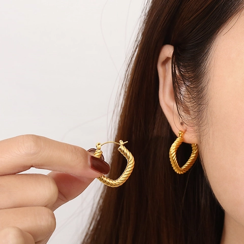 Pendientes De Aro Acero Inoxidable Chapado En Oro 18K Patrón De Cuerda Retorcida Geométrico Rombo Cuadrado Retro Lujo Para Mujeres