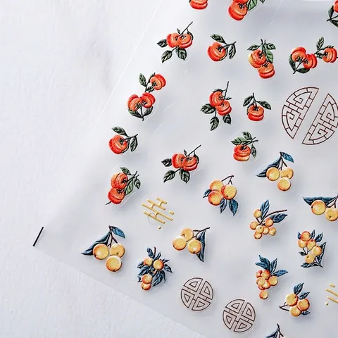 Stickers Ongles Relief 3D Persimmon Et Caractères Chanceux Auto Adhésifs Ultra Mince Décoration Manucure Nouvel An