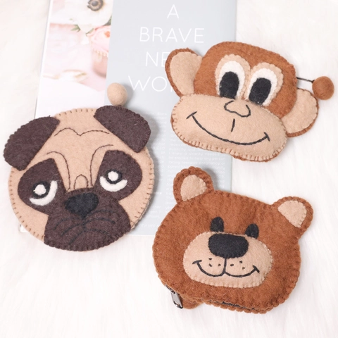 Cute Animal Coin Purse Hand-Stitched Wool Felt Mini Storage Bag Monkey Bear Pug Design For Kids Women