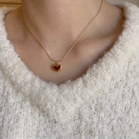 Herz Anhänger Halskette Edelstahl Rot Emaille Französisch Vintage Süß Schmuck Für Frauen