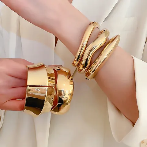 Geometric Alloy Bangle Bracelet High Polished Wave Twisted Minimalist Modern Open Cuff Chic Wristband Jewelry Women