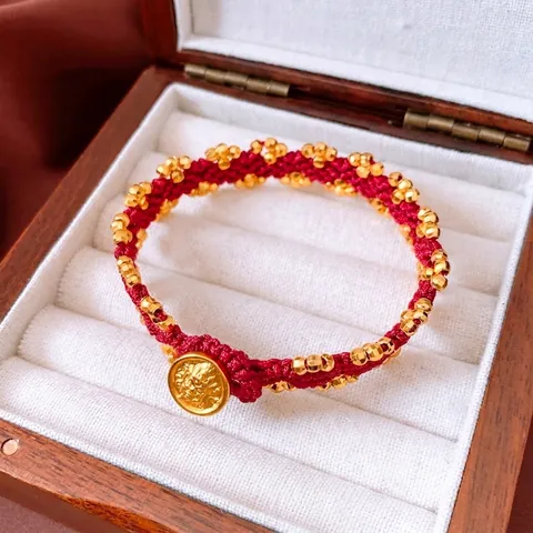 Woven Red String Bracelet With 24k Gold Plated Copper Beads And Medallion Pendant Retro Lucky Jewelry For Women