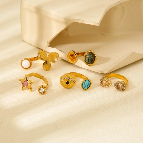 Bohemian Flower Butterfly Open Rings Stainless Steel 18K Gold Plated Waterproof Vintage Gemstone Adjustable Jewelry For Women