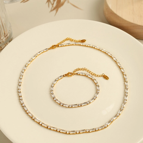 Tennis Necklace And Bracelet Jewelry Stainless Steel Gold Plated Baguette Round Zircon Women Fashion Accessory