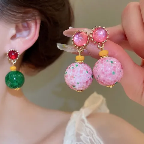 Orecchini Pendenti Vintage Da Donna Resina Sfera Rotonda Marmorizzata Tre Strati Stile Retrò Con Perno In Argento
