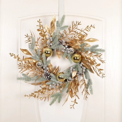 Christmas Wreath Artificial Golden Leaves Pine Cones Ornament Front Door Hanging Decoration Festive LED Light Garland
