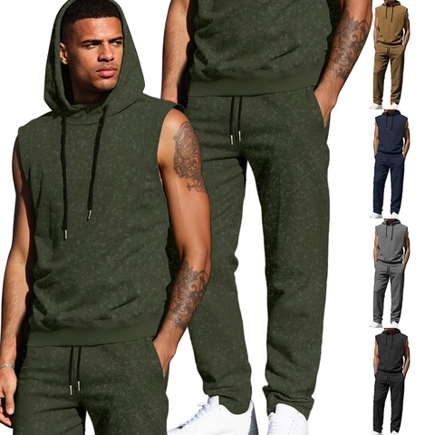 Top Con Cappuccio Senza Maniche E Pantaloni Jogger Da Uomo Poliestere Spandex Coulisse Tasche Casual Sport Streetwear