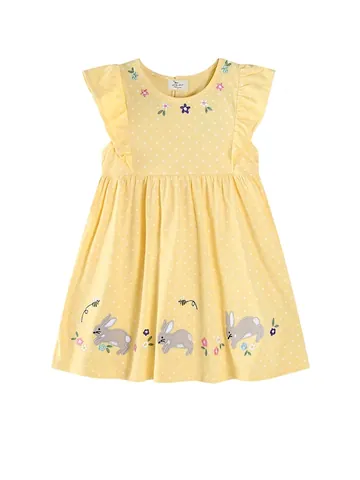 Mädchen Baumwollkleid Gelb Punktiert Bestickt Hase Blume Sommer Kurz Flatterärmel A-Linie Prinzessin Rock