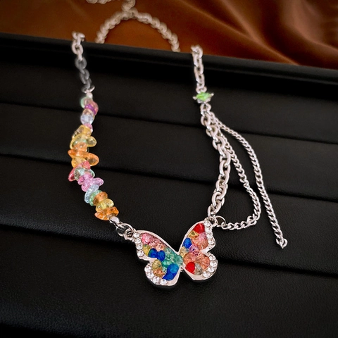 Collana Con Pendente A Farfalla Acciaio Inossidabile Catena Asimmetrica Pietra Colorata Gioielli Donna