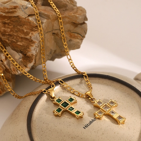Collar Con Colgante de Cruz de Acero Inoxidable Retro para Mujer Cadena Figaro Chapada en Oro Con Strass Joyería de Moda
